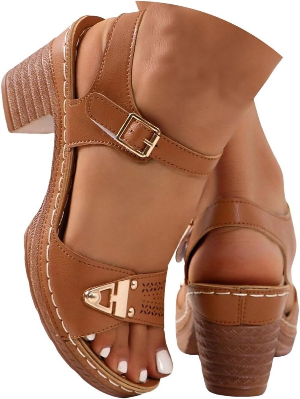 Women's Brown Dressy Low Block Chunky Heels Ankle Strap Comfortable Open Toe